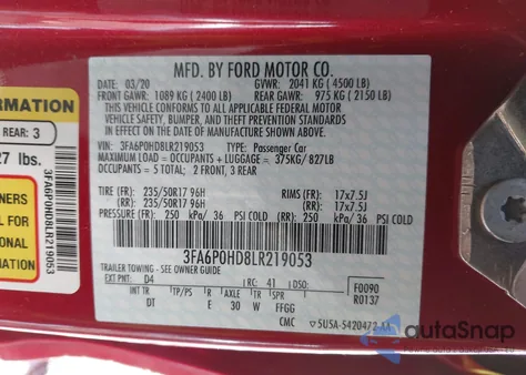 2020 Ford Fusion Se z USA, uszkodzony, nr VIN 3FA6P0HD8LR219053